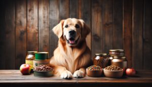 An image of a variety of premium dog food brands neatly arranged on a wooden table, with a friendly golden retriever sitting beside, looking at the camera.