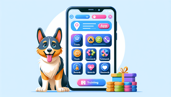 A smartphone displaying a dog training app, with icons and features visible on the screen, placed next to a happy dog ready to learn.