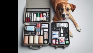 A well-organized first aid kit open next to a dog, displaying bandages, antiseptics, and other essential items, ready for emergency use.
