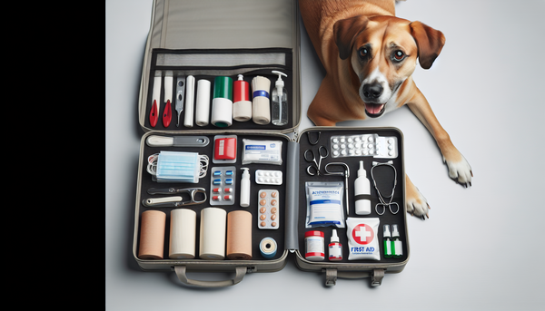 A well-organized first aid kit open next to a dog, displaying bandages, antiseptics, and other essential items, ready for emergency use.