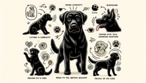 A dog displaying a specific behavior, such as tilting its head or wagging its tail, with icons or annotations explaining the meaning of each action, aiming for a deeper understanding of canine communication.