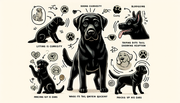 A dog displaying a specific behavior, such as tilting its head or wagging its tail, with icons or annotations explaining the meaning of each action, aiming for a deeper understanding of canine communication.