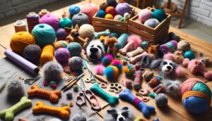 Various DIY dog crafts and homemade toys displayed on a crafting table, with materials like fabric, yarn, and scissors around.