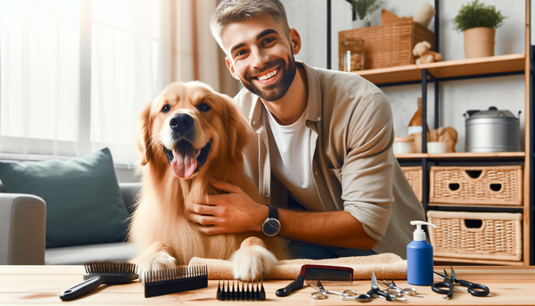 An image of a smiling person grooming a happy dog at home, surrounded by basic grooming tools.