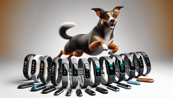 A selection of the top dog fitness trackers displayed next to a sporty, energetic dog ready for a run.