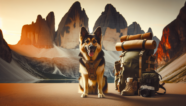 An image of a dog wearing a travel harness, standing next to a packed backpack, ready for an adventure in the mountains.