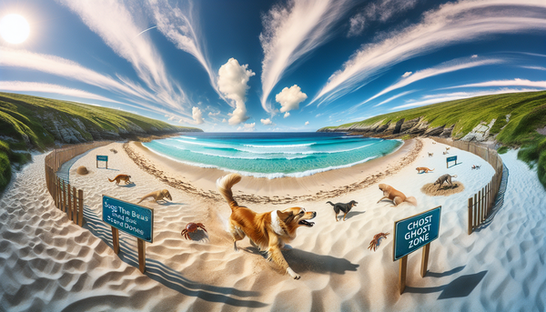 A scenic view of a dog-friendly beach with a dog happily playing in the sand, showcasing an ideal travel destination for pet owners.