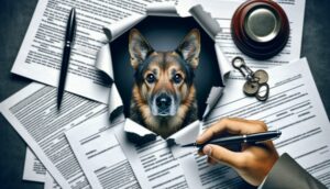 A close-up of a dog looking at the camera with a protective look, surrounded by insurance policy papers and a pen.
