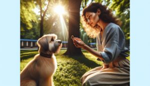An image of a focused dog looking at a treat in the hand of a trainer demonstrating a training technique in a sunny park.
