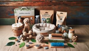 Eco-friendly dog products, including toys, bedding, and grooming items, arranged on a natural, earthy background to emphasize sustainability.