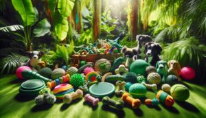 Eco-friendly dog toys made from sustainable materials, displayed in a green, natural setting.