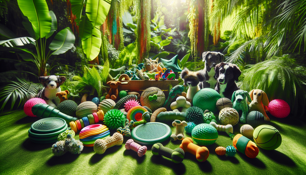 Eco-friendly dog toys made from sustainable materials, displayed in a green, natural setting.