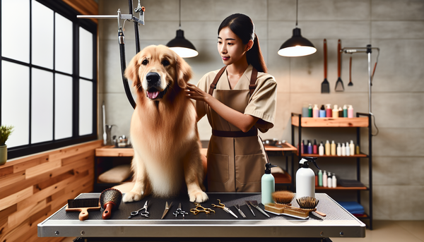 A dog sitting patiently while being groomed by a professional with various grooming tools displayed in the foreground.