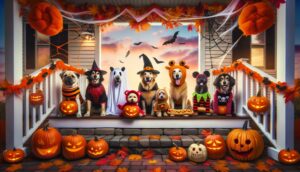 An image of dogs wearing a variety of adorable Halloween costumes, posing together on a pumpkin-decorated porch.