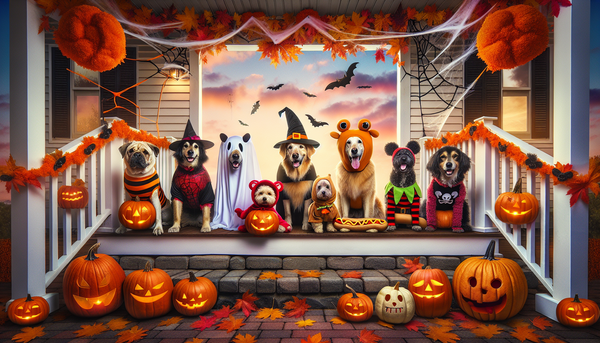 An image of dogs wearing a variety of adorable Halloween costumes, posing together on a pumpkin-decorated porch.