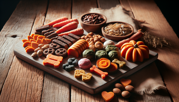 An assortment of colorful, healthy dog treats artistically arranged on a wooden table, highlighting natural ingredients.
