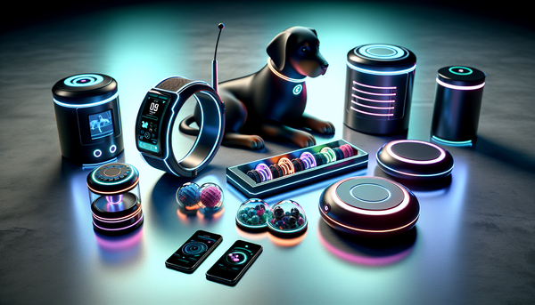 A variety of high-tech dog gadgets displayed on a modern, sleek surface, including GPS collars, automatic feeders, and interactive toys, highlighting innovation in pet care.