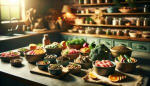 A variety of homemade dog food dishes, beautifully presented on a kitchen counter, with fresh ingredients surrounding them.