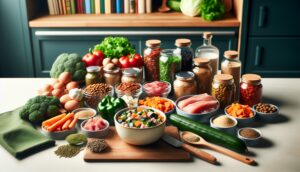 Ingredients for homemade dog food neatly arranged on a kitchen counter, with a bowl of prepared food in the foreground, emphasizing health and nutrition.