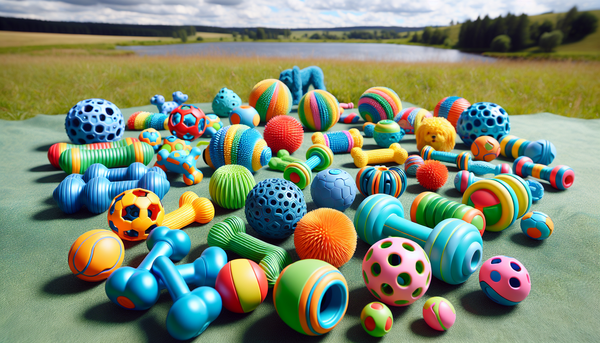 A variety of innovative dog toys scattered on a grassy field under a sunny sky, showcasing different colors and shapes, aimed at stimulating a dog's mind.