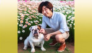 A dog sitting in a field of flowers, sneezing, while a human gently checks its nose, illustrating common signs of seasonal allergies.