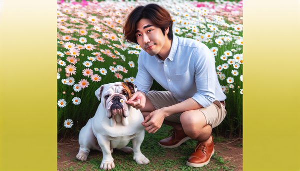 A dog sitting in a field of flowers, sneezing, while a human gently checks its nose, illustrating common signs of seasonal allergies.