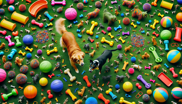 An image of a variety of colorful and interactive dog toys spread out on a grassy field with a couple of dogs playing.