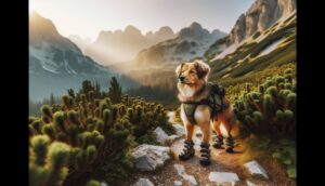 A dog outfitted with the latest outdoor gear, including a vest and boots, standing on a mountain trail, ready for adventure.