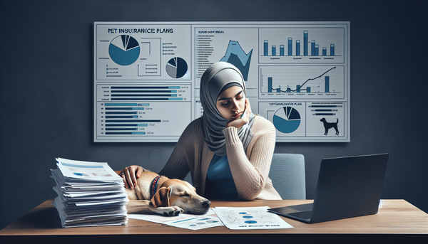 An image of a thoughtful woman sitting at a desk with a laptop, papers that read "Pet Insurance Plans", and a sleeping dog at her feet.