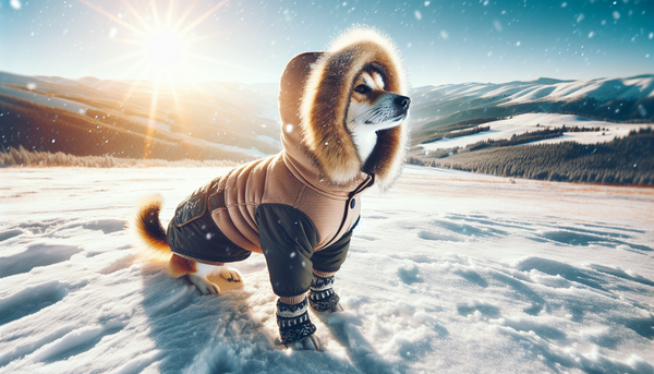 A dog wearing a warm winter coat, sitting in a snowy landscape. The image is taken during the day, focusing on the dog's comfort and protection against the cold.