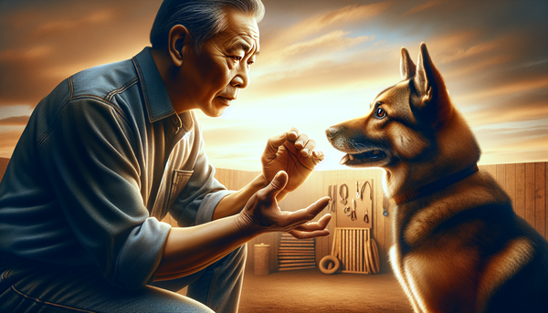 A focused dog in the midst of an advanced training session, demonstrating a complex command, highlighting the deep bond and communication between pet and owner.