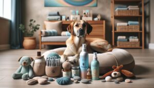 A range of calming products for dogs, including sprays, toys, and beds, displayed in a serene home environment with a relaxed dog in the background.
