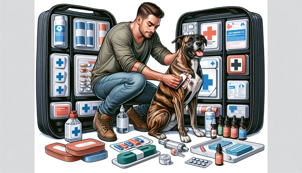A detailed illustration of a canine first aid kit and its use in various emergency scenarios, featuring a calm dog and an owner confidently administering first aid.
