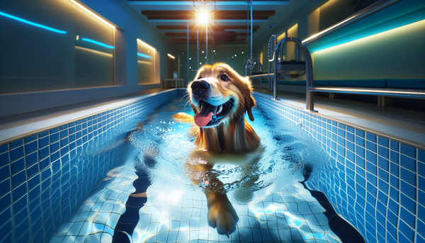 A dog engaging in hydrotherapy in a specialized pool, with a focus on the therapeutic and joyful expressions of the animal during the session.