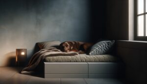 A cozy and inviting dog bed in a quiet, dimly lit room, with a sleeping dog showcasing the peaceful and ideal sleeping environment.