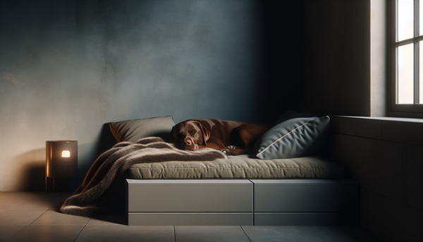 A cozy and inviting dog bed in a quiet, dimly lit room, with a sleeping dog showcasing the peaceful and ideal sleeping environment.