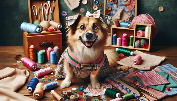 A dog wearing a creative, homemade costume, looking happy and comfortable, with fabric and sewing supplies visible in the background, emphasizing the DIY aspect.