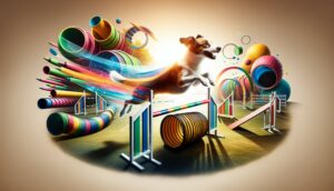 A dynamic scene of a dog mid-leap over an agility hurdle, with an agility course in the background, demonstrating the excitement and energy of agility training.