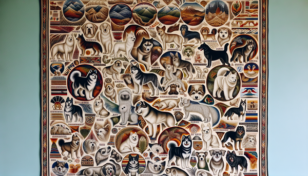 An elegant tapestry showcasing various popular dog breeds with symbolic backgrounds representing their histories and origins, weaving a story of their evolution.