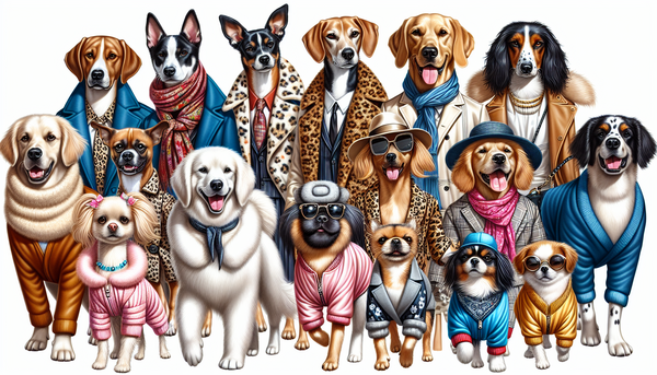 Dogs wearing the latest fashion trends, including seasonal outfits and stylish accessories, showcasing a variety of looks on a runway.