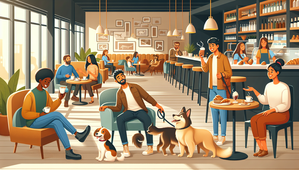 A cozy, welcoming dog-friendly cafe, with dogs and their owners enjoying their time together, showcasing a warm and inclusive atmosphere.