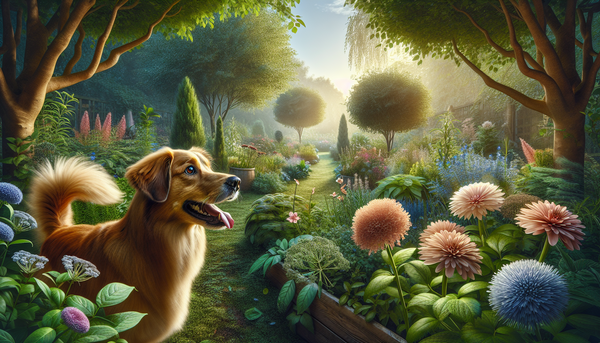 A serene garden with a variety of pet-safe plants and a dog happily exploring the green space, showcasing a harmonious outdoor area for pets.