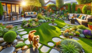 A beautifully landscaped yard with pet-safe plants and a dog joyfully exploring the space, highlighting safety and fun in outdoor design.