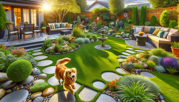 A beautifully landscaped yard with pet-safe plants and a dog joyfully exploring the space, highlighting safety and fun in outdoor design.