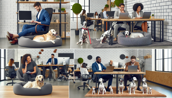 An office space creatively designed to accommodate dogs, featuring dog beds, play areas, and employees happily working with their pets by their side.