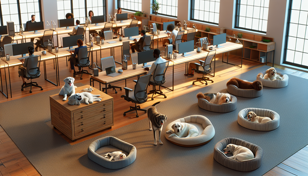 An ideal dog-friendly office space, showing dogs resting by their owners' desks, with pet-friendly office amenities highlighted.