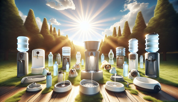 A variety of dog hydration solutions, including automatic water fountains and portable water bottles, displayed in a sunny, outdoor setting.