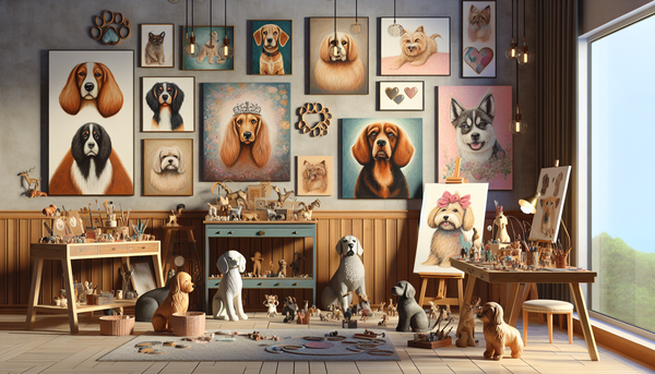 A variety of dog-inspired art projects, including paintings, sculptures, and crafts, displayed in an artistic home setting, highlighting creativity and personal touch.
