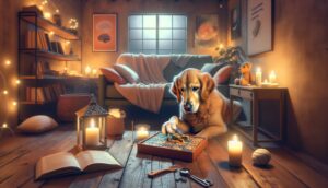 A peaceful setting with a dog engaging in activities that support mental wellness, such as puzzle toys and a comforting environment, emphasizing the importance of mental health.