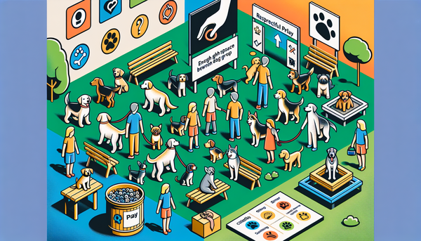 Dogs of various breeds interacting politely in a dog park, with symbols or tips highlighting proper etiquette like leash handling and space respect.